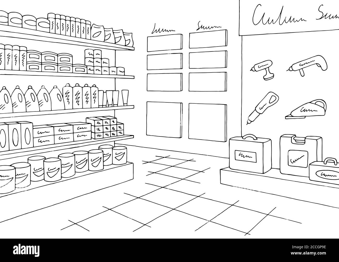 Hardware store graphic black white interior sketch illustration vector Stock Vector