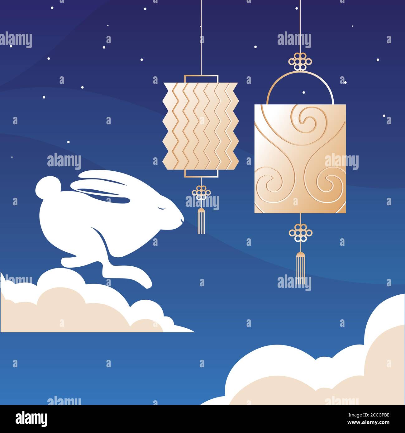 rabbit with clouds and lanterns design, Happy mid autumn harvest ...