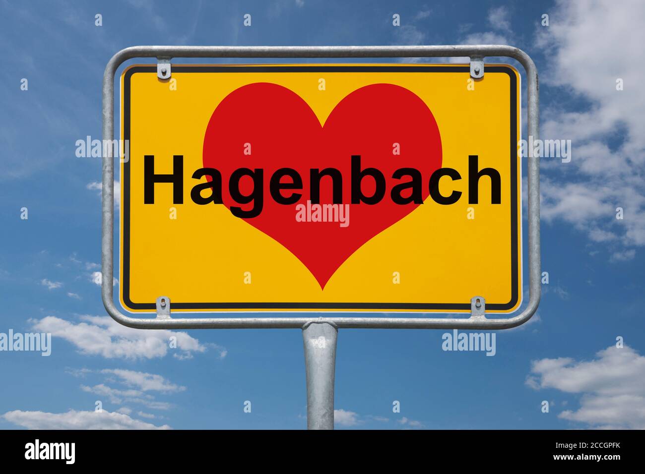 Ortstafel Hagenbach, Rheinland-Pfalz, Deutschland | Place name sign Hagenbach, Rhineland-Palatinate, Germany, Europe Stock Photo