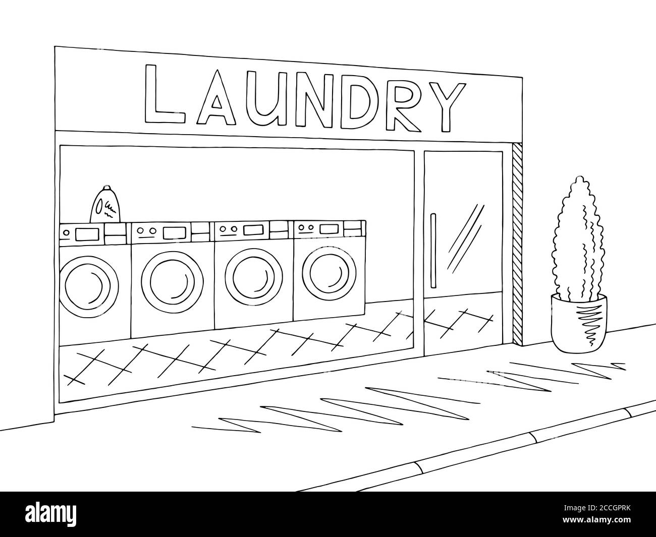 Laundry exterior graphic black white sketch illustration vector Stock Vector