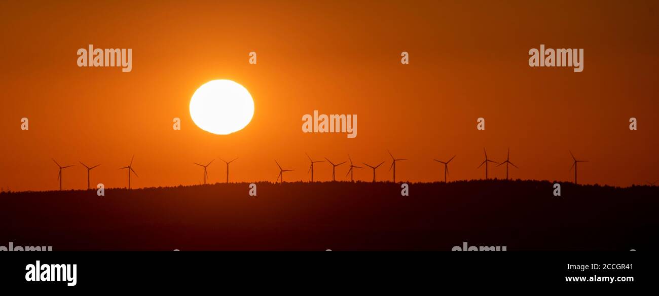 Germany, Saxony-Anhalt, Timmenrode, sunrise, wind turbines, Harz, UNESCO Global Geopark Stock Photo