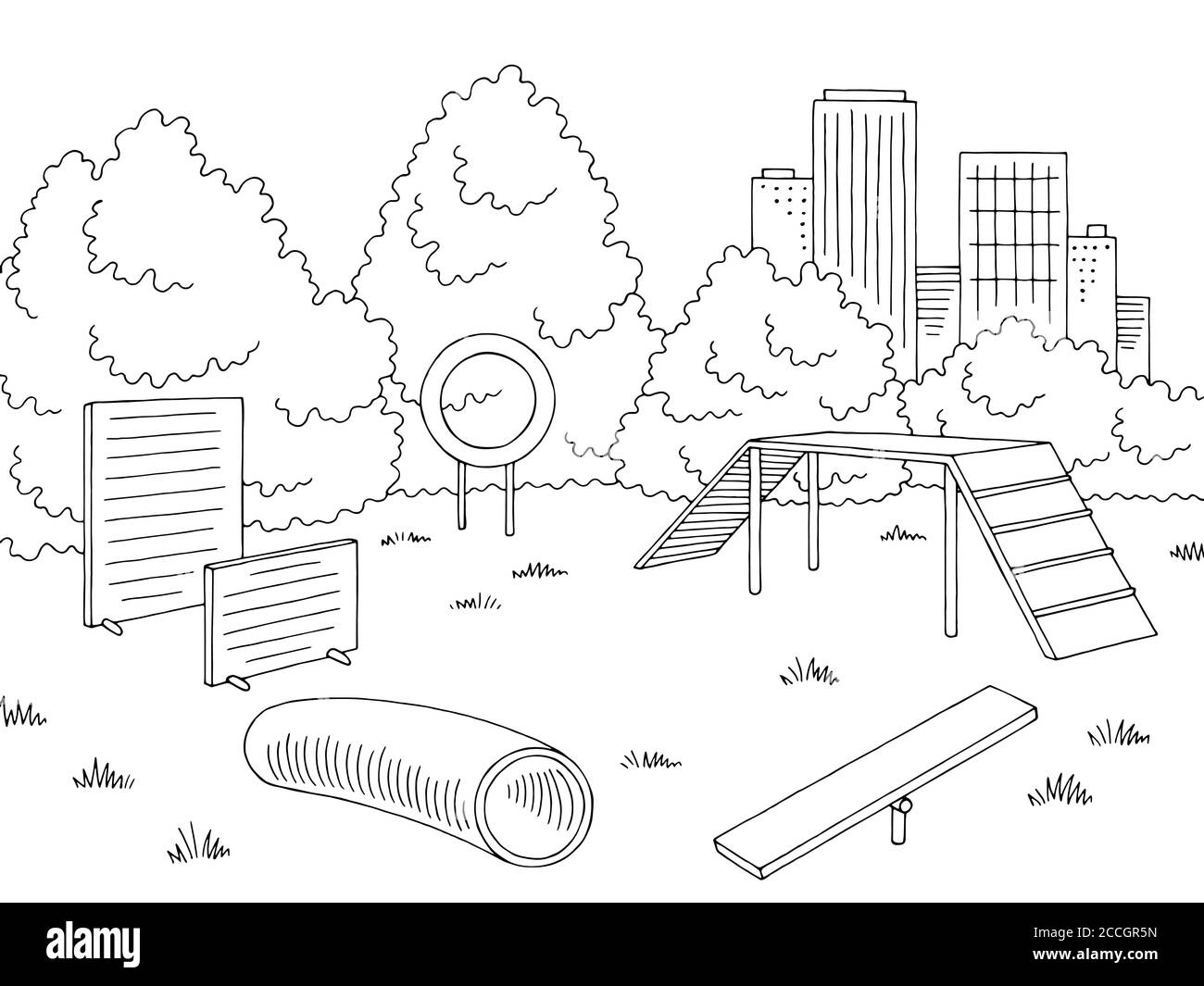 Dog park graphic black white landscape sketch illustration vector Stock Vector