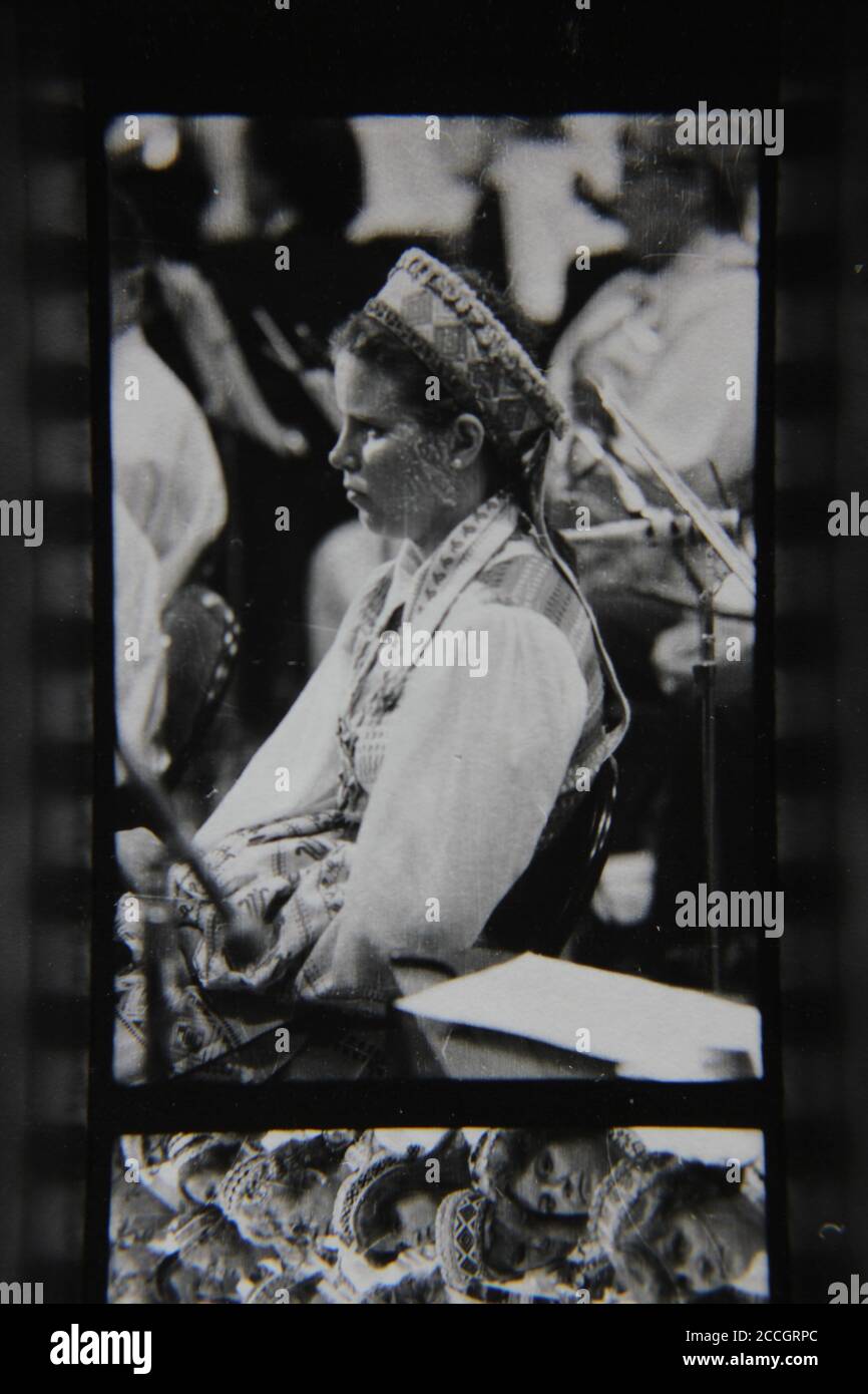 Fine 1970s vintage black and white photography of an Eastern European ethnic folk dance festival and celebration of ethnic pride. Stock Photo