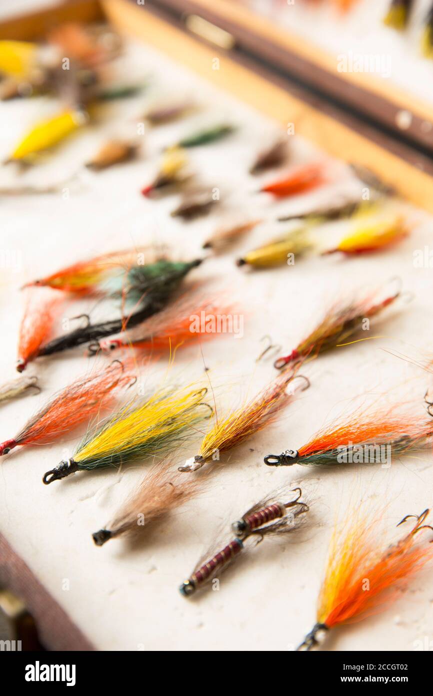 Flyfishing still life salmon flies hi-res stock photography and