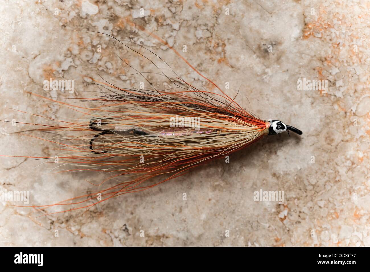 An old salmon fly, possibly homemade, from a collection of vintage fishing  tackle. Desaturated colours on a light stone background. Dorset England UK  Stock Photo - Alamy