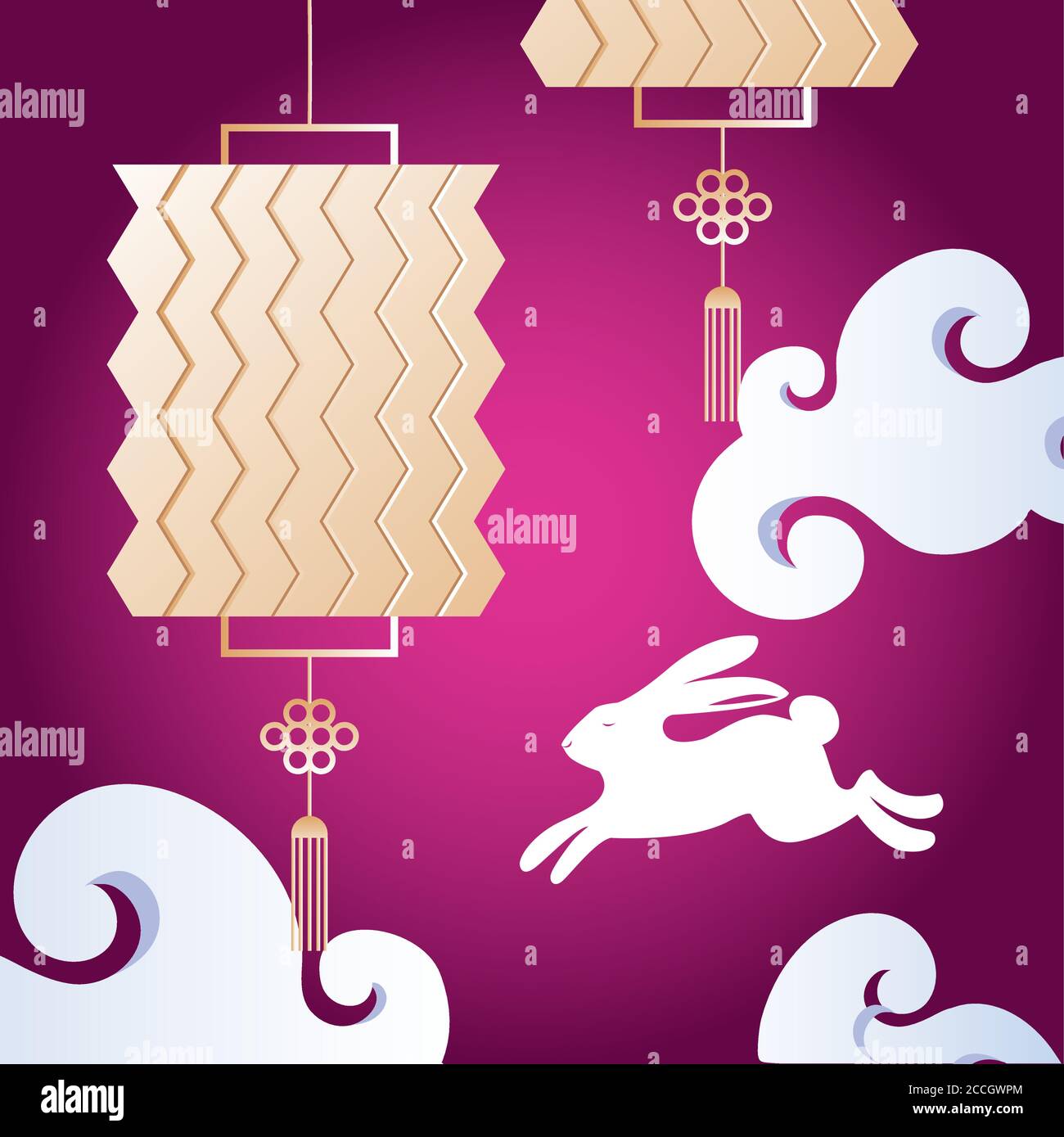 rabbit with clouds and lanterns design, Happy mid autumn harvest ...