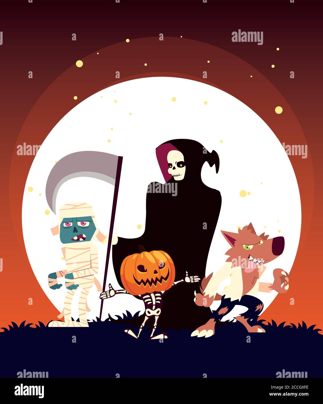 Halloween death werewolf mummy and skull cartoon with pumpkin at night ...