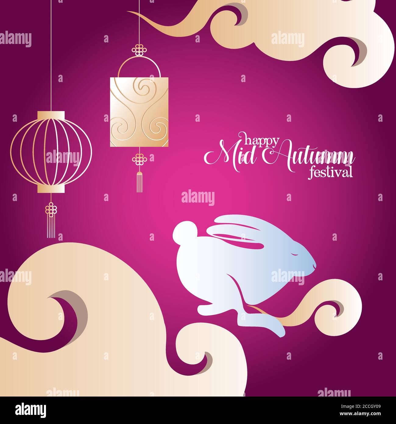 rabbit with clouds and lanterns design, Happy mid autumn harvest ...