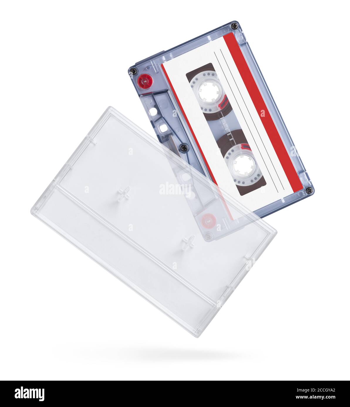 Blank compact cassette tape box design mockup view. Vintage cassete tape  record case box mock up. Plastic analog magnetic tape cassette clear  packaging template. Mixtape box cover. Stock Photo