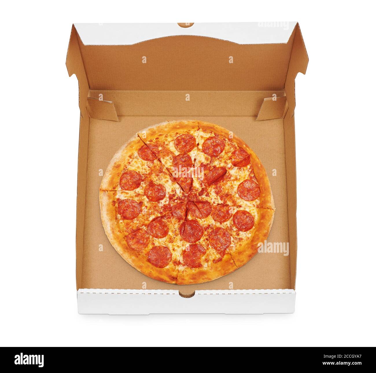 open box with pepperoni pizza isolated on white background. Top view