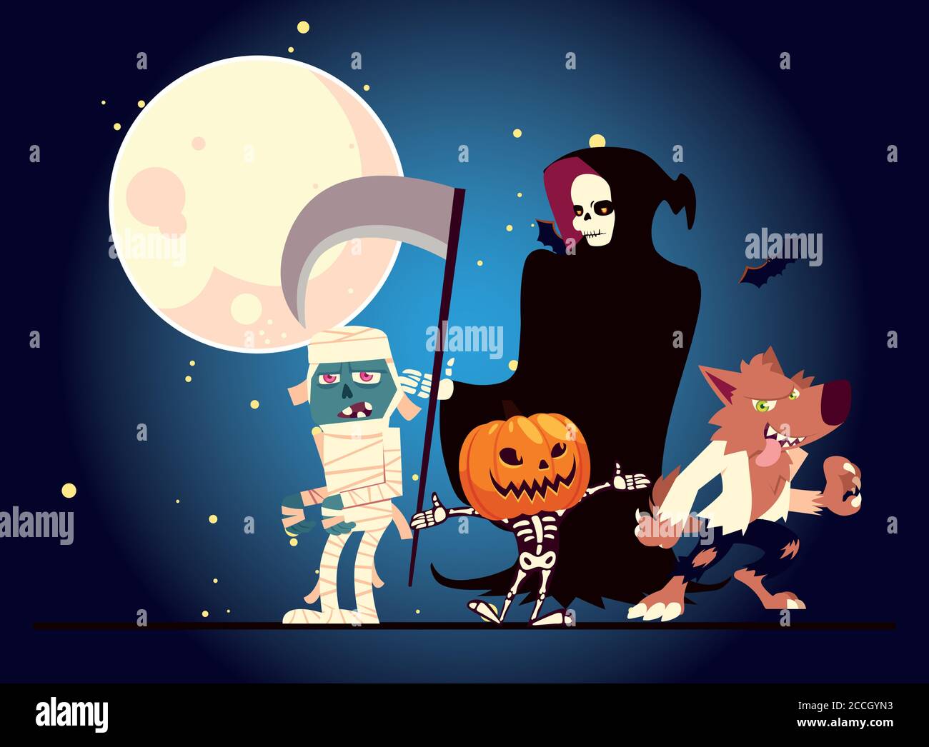 Halloween death werewolf mummy and skull cartoon with pumpkin at night ...