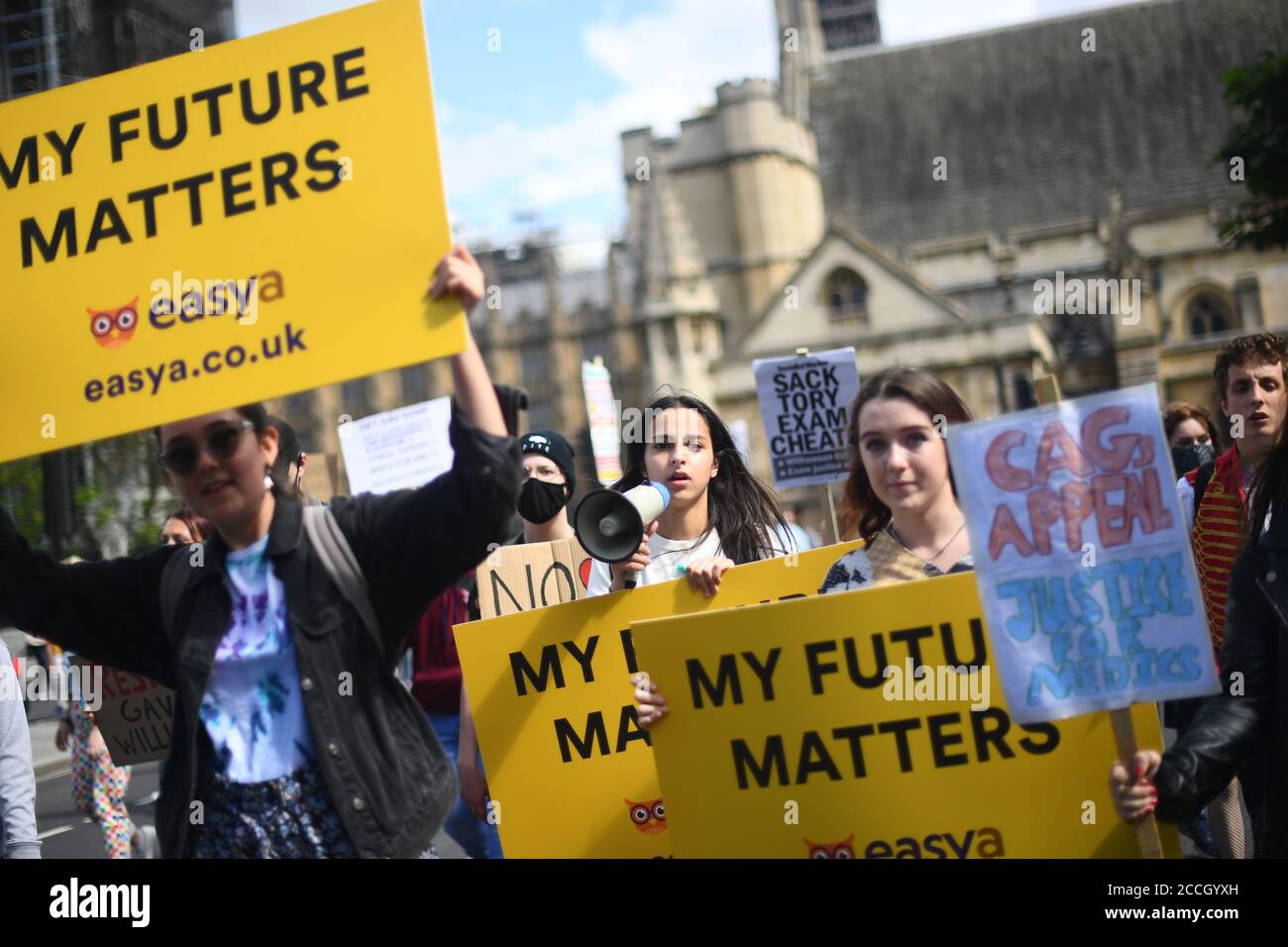 Students take part in a march from Marble Arch to the Department of Education in Westminster, London, calling for the resignation of Education Secretary Gavin Williamson over the government's handling of exam results after A-level and GCSE exams were cancelled due to the coronavirus outbreak. Stock Photo