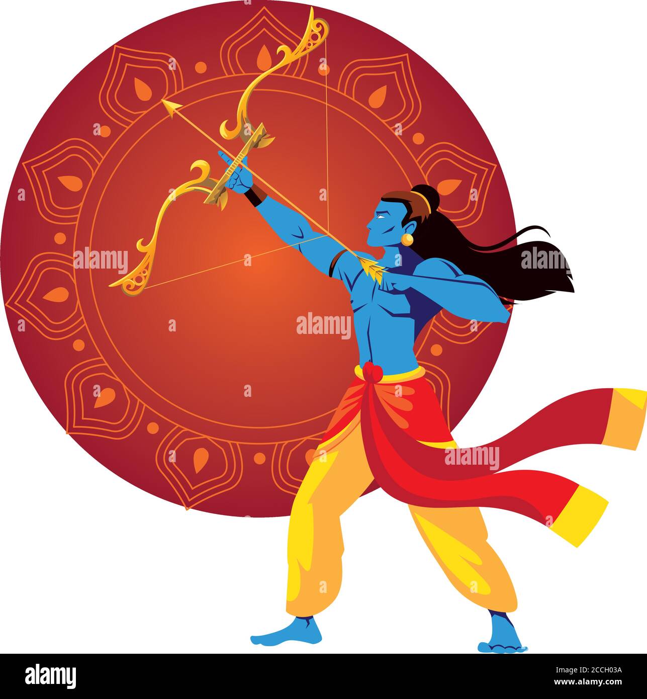 lord ram cartoon with bow and arrow in front of red mandala design ...