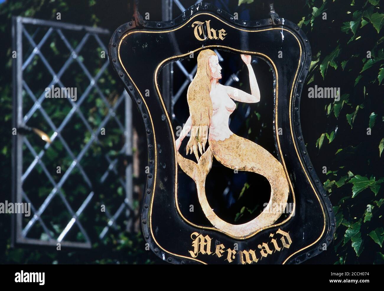 The Mermaid Inn sign, Rye, East Sussex, England, UK Stock Photo