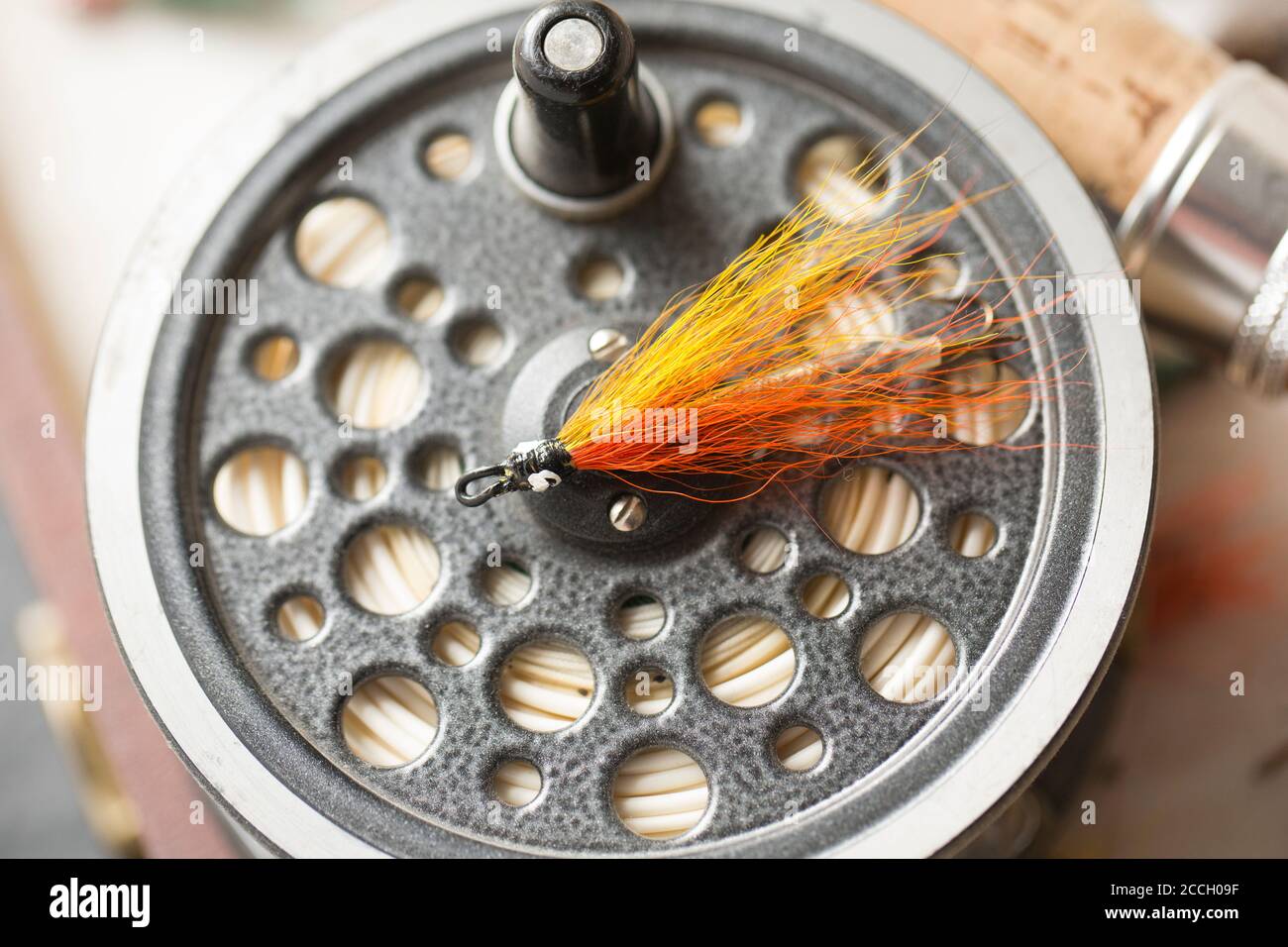 A salmon fly from a fly box or reservoir, with a J.W. Young & Sons 1540 salmon  reel and a Bruce & Walker Norway salmon fly rod. Some of Stock Photo - Alamy