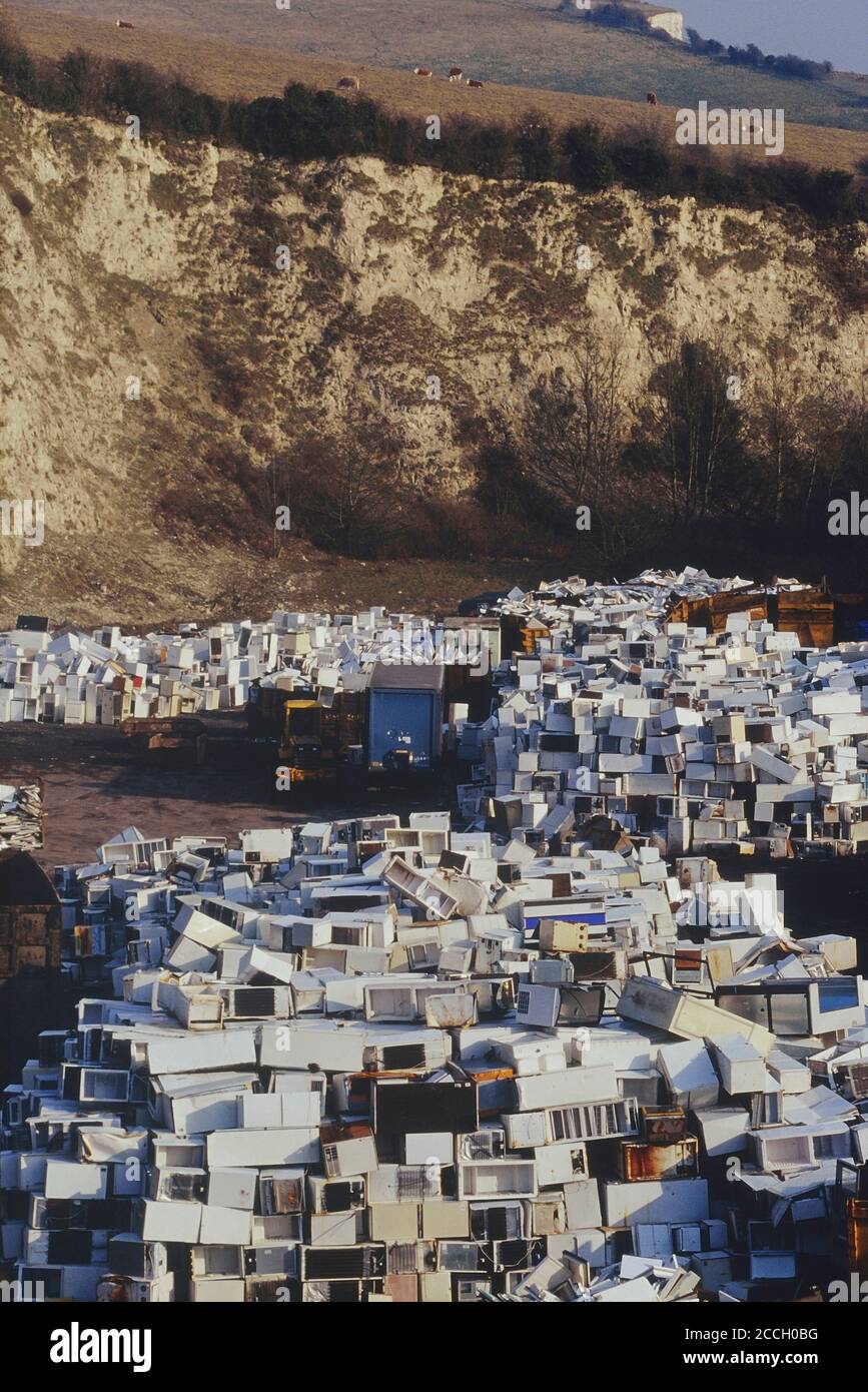 Old refrigerators, fridges await recycling at the temporary storage site of Greystone Quarry, Southerham Pit near Lewes East Sussex England UK. 2003 Stock Photo