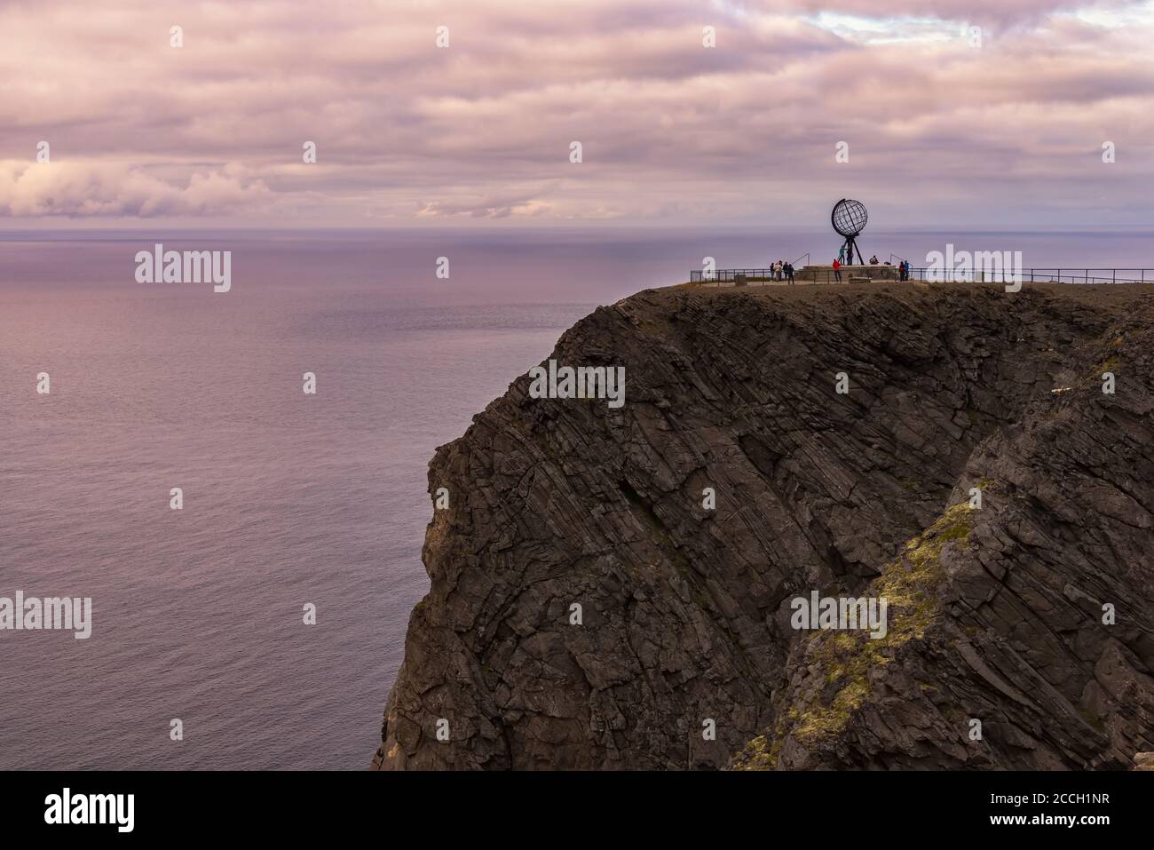 North Cape (Nordkapp) is a cape on the northern coast of the island of Mageroya in Norway. The European route E69 has its northern terminus here Stock Photo