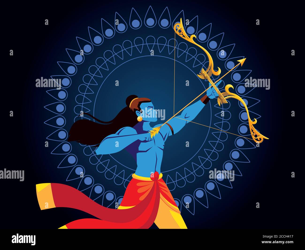 lord ram cartoon with bow and arrow in front of blue mandala ...