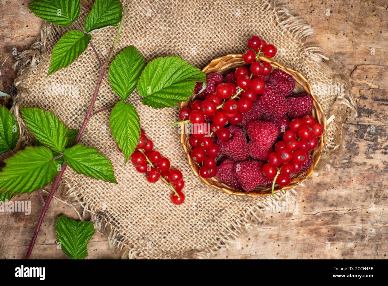fresh raspberry and currant red berry fruits in a bowl top view Stock ...