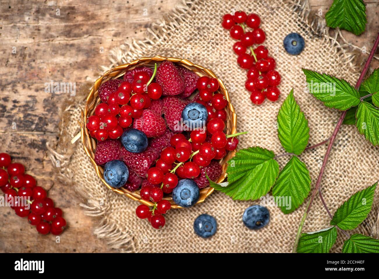 fresh raspberry blueberry and currant red berry fruits in a bowl top ...