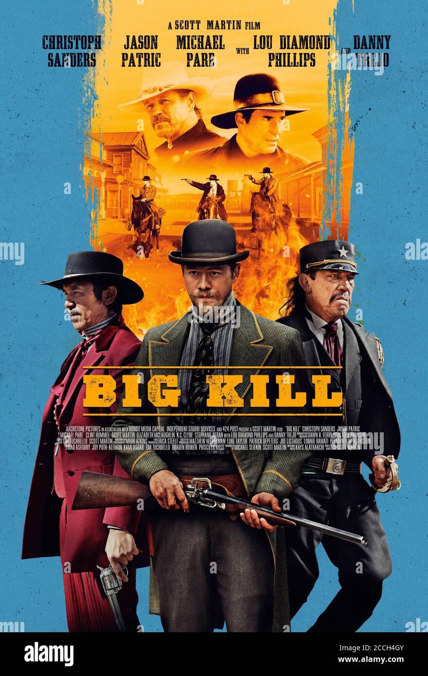 Big Kill (2018) directed by Scott Martin and starring Jason Patric, Lou Diamond Phillips, Christoph Sanders and Danny Trejo. Retro western about a tenderfoot and two gamblers on the run have a date with destiny in the town of Big Kill where law and order is maintained by The Preacher. Stock Photo