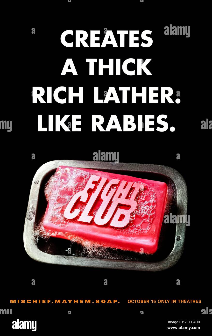 Fight Club (1999) directed by David Fincher and starring Brad Pitt, Edward Norton, Meat Loaf and Helena Bonham Carter. Visceral adaptation of Chuck Palahniu's novel punches the big screen in style in this generation X cult classic; not one for the special snow flakes! Stock Photo