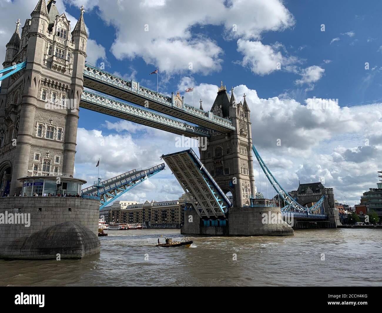 Saturday 22nd August, United Kingdom London Tower Bridge bascules had a mechanical fault got stuck cause major traffic standstill Stock Photo