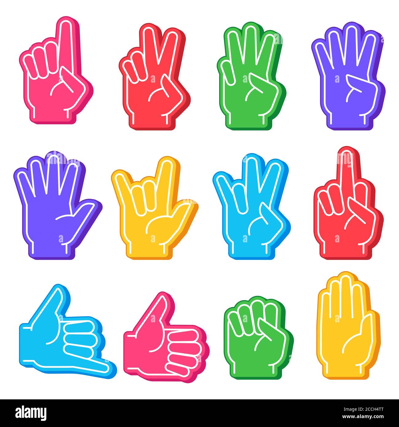 Foam fingers. Sports fan hand with different gesture. Numbers, ok sign