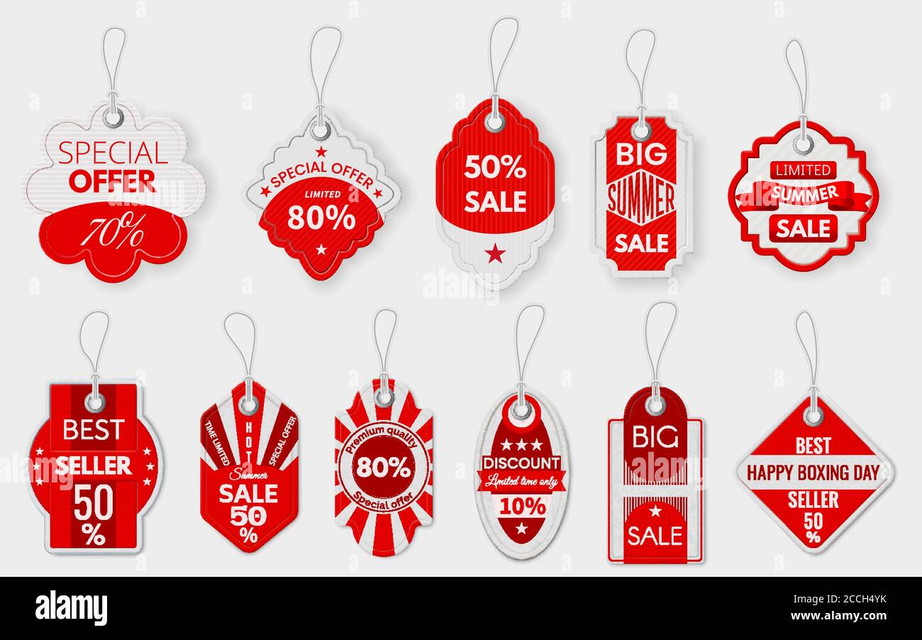 Red sale labels. Various paper discount price tags with ropes, shopping  promotion pricing sign, special deal hanging label mockup vector set Stock  Vector Image & Art - Alamy