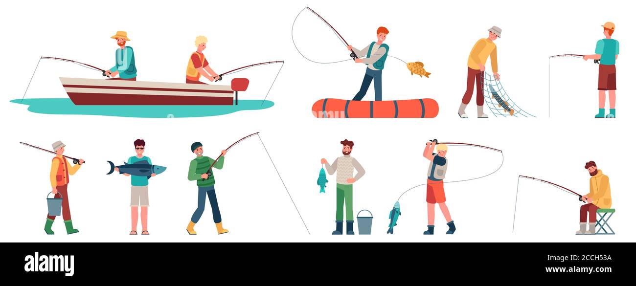 Fisherman. Fisher in boat with spinning, sportsman with fishing accessory and fish, catching fish sport and hobby, vector characters set Stock Vector