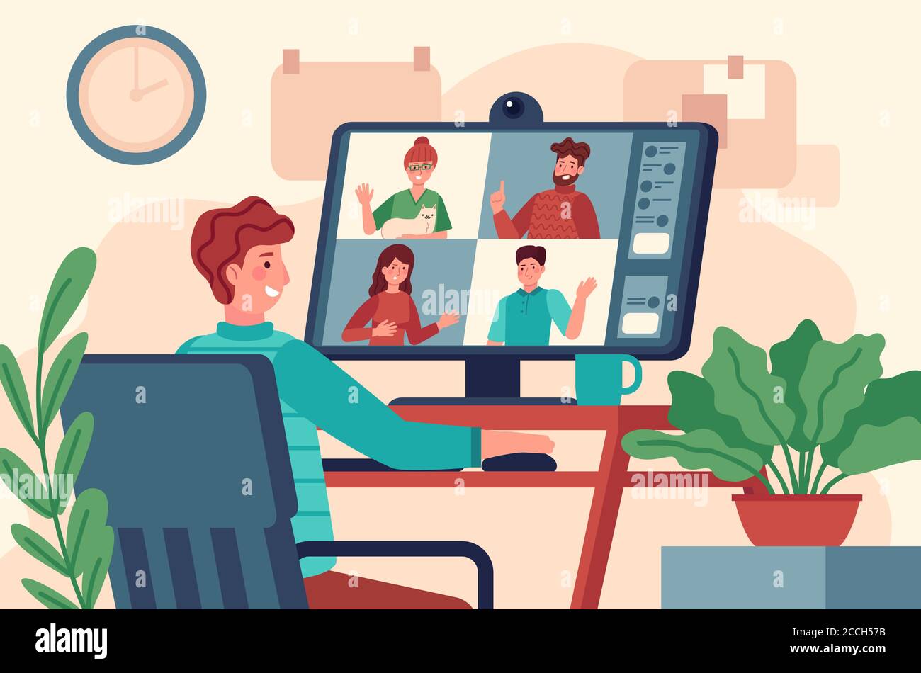 Video conference. Men at monitor holds collective virtual meeting, remote work online chat, teleconference on screen vector concept Stock Vector