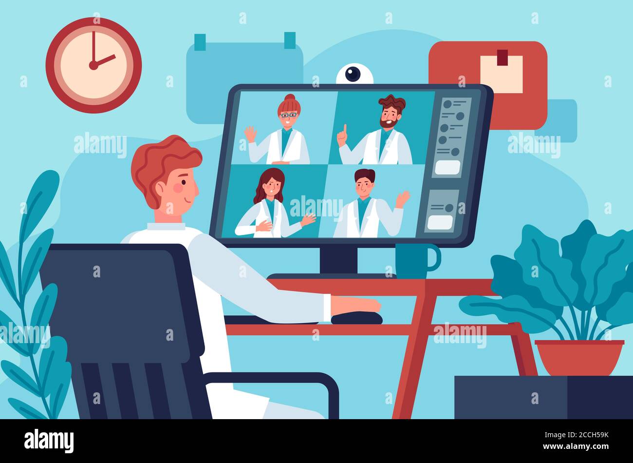 Medical video conference. Doctor in video chat with coworkers online consulting diagnosis covid 19. Virtual medical experts vector concept Stock Vector