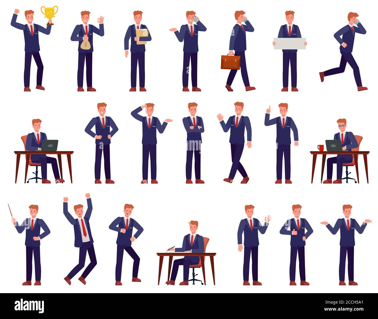 Businessman. Manager busy workplace, shows presentation, works on pc, goes and speaks on phone, success career cartoon vector characters Stock Vector