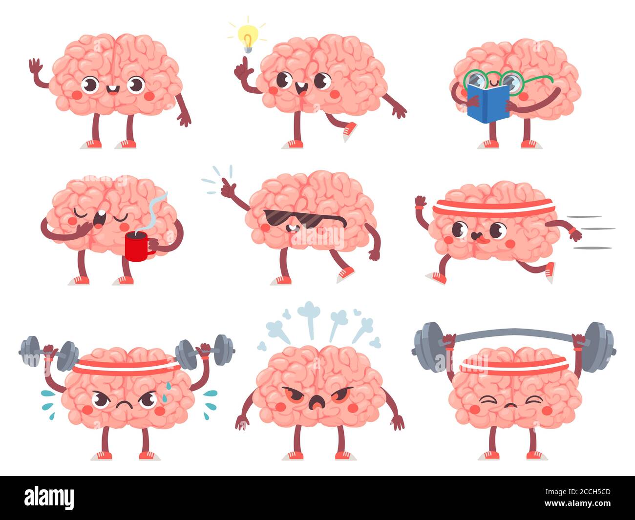 Brain characters. Happy brains in different poses and emotions, mental exercise, education metaphor creative mascot icons cartoon vector set Stock Vector