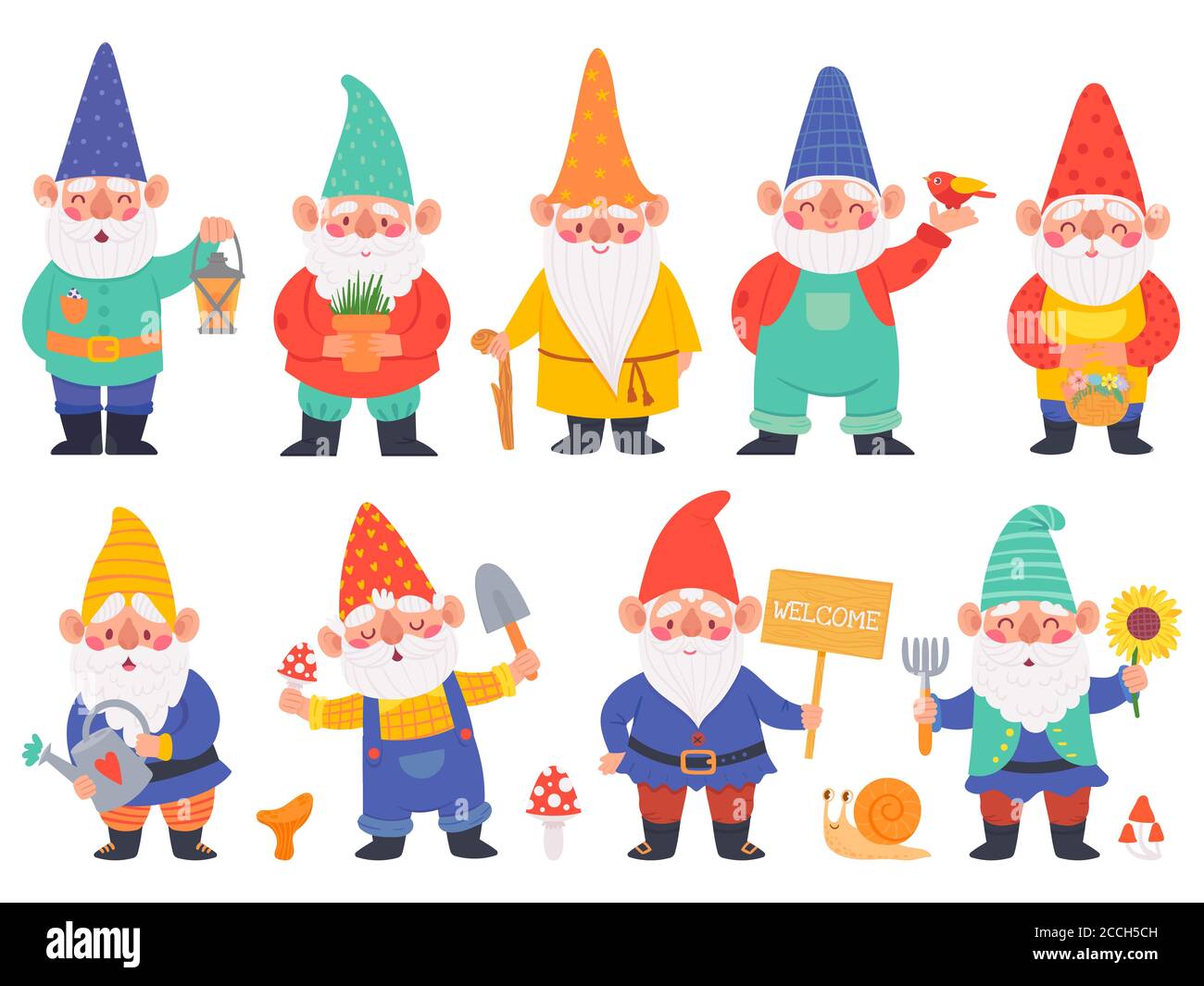 Gnome characters. Cute gnomes with beard funny garden decoration, adorable dwarfs with lantern, watering can and flowers cartoon vector set Stock Vector