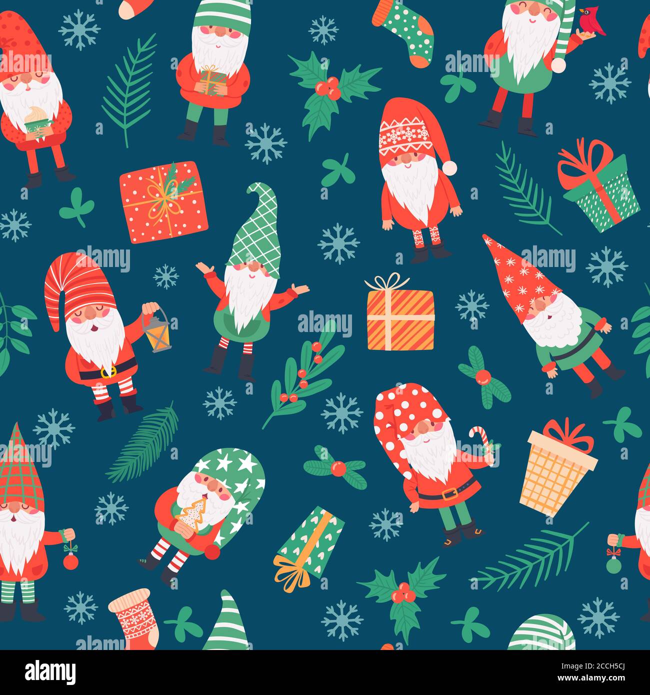 Gnomes seamless pattern. Funny christmas dwarfs and gifts, winter festive print children textile, wrapping paper, wallpaper vector texture Stock Vector