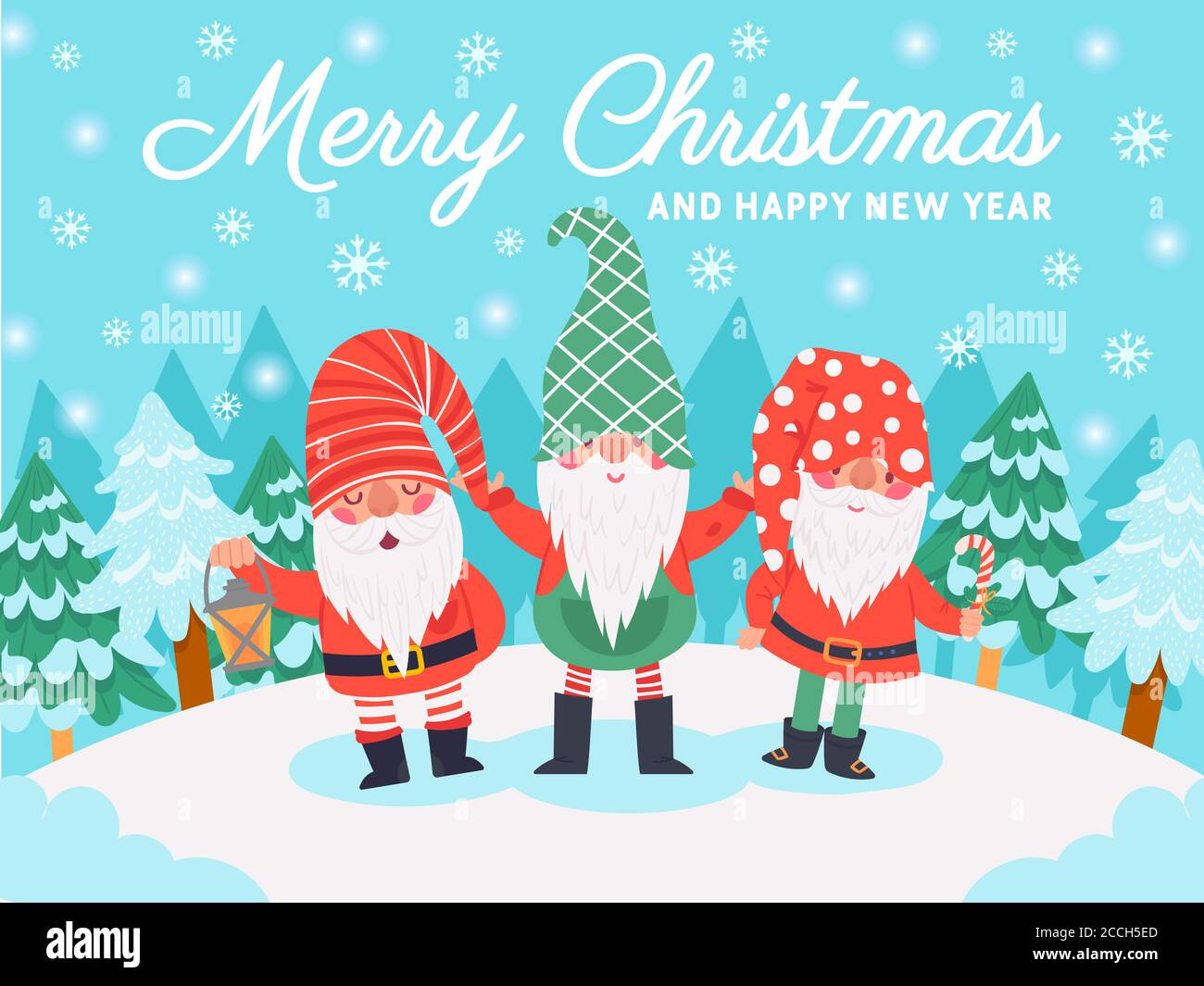 Gnomes christmas characters. Xmas greeting card with cute dwarfs, winter elements and lettering, december holidays vector background Stock Vector