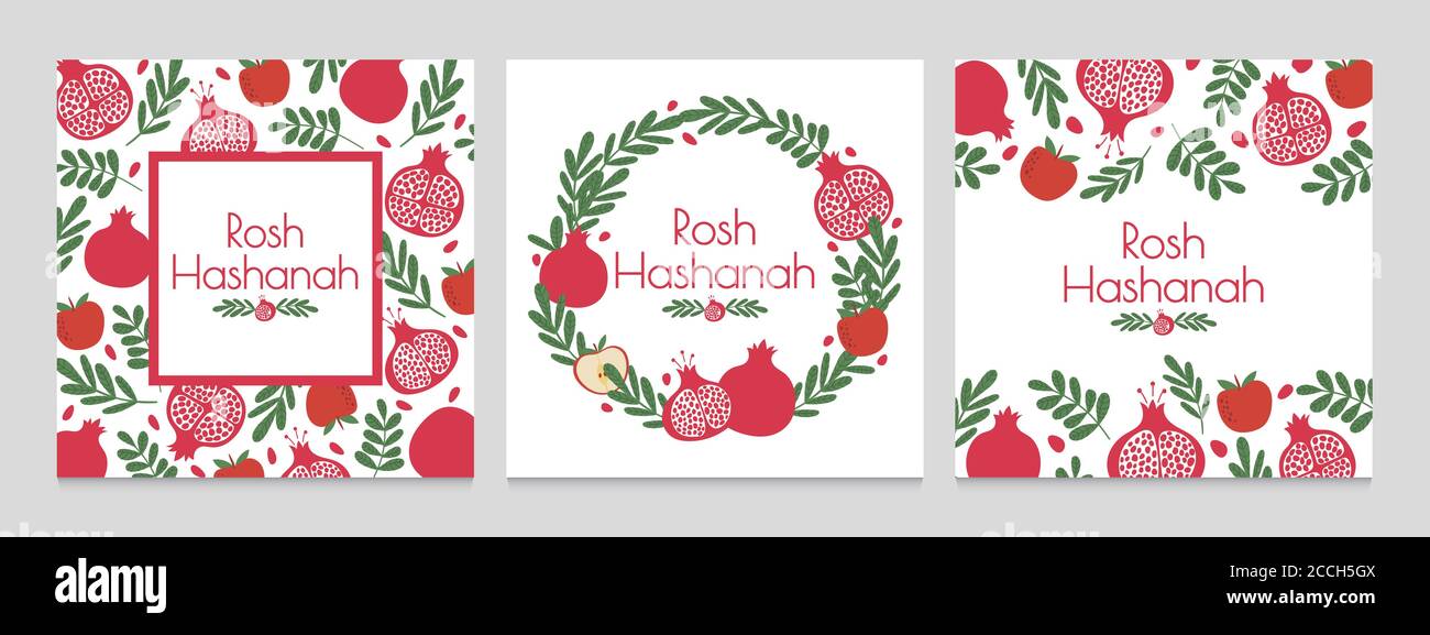 Rosh hashanah. Jewish new year greeting cards with pomegranate and apple. Judaism shana tova holiday vector backgrounds Stock Vector