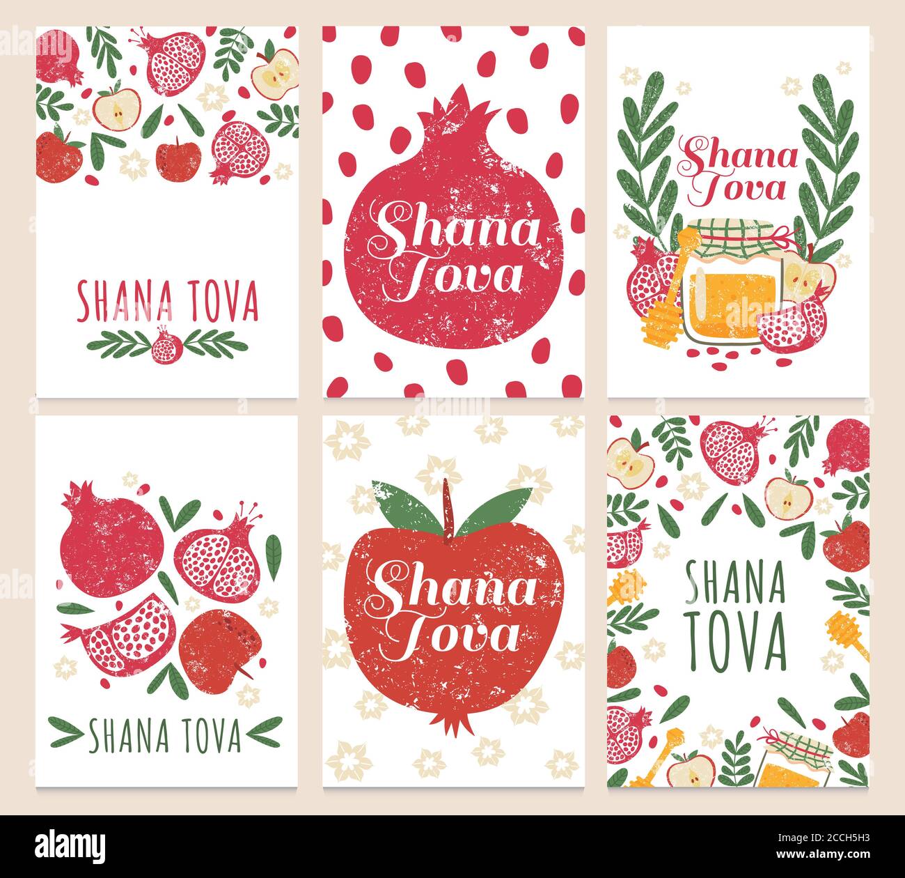 Shana tova. Happy jewish new year, greeting cards with rosh hashanah holiday symbols. Pomegranate, apple and honey vector set Stock Vector