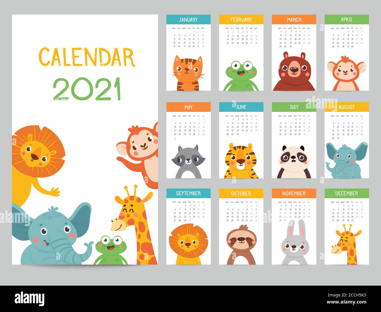 Animals calendar 2021. Cute monthly calendar with different animals