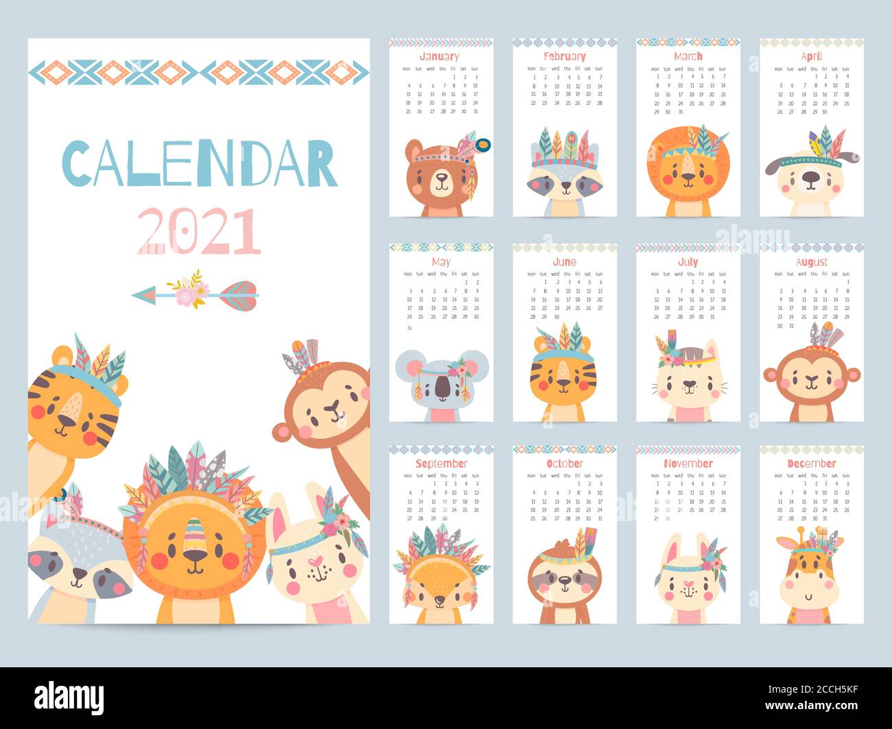 Tribal animal calendar. Monthly 2021 calendar with cute forest animals, savanna characters. Bear, fox and lion, rabbit, giraffe vector image Stock Vector
