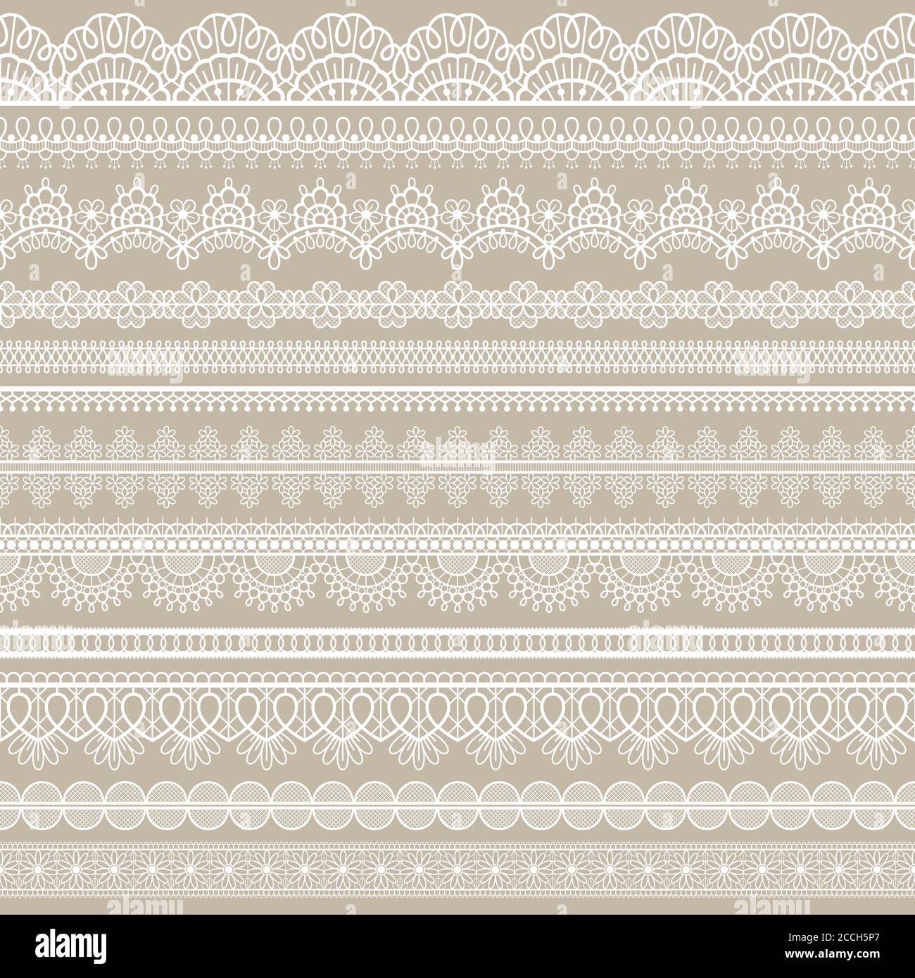 Lace seamless border. White cotton lace strips, embroidered decorative ornate eyelets pattern, horizontal textile stripe handmade vector set Stock Vector