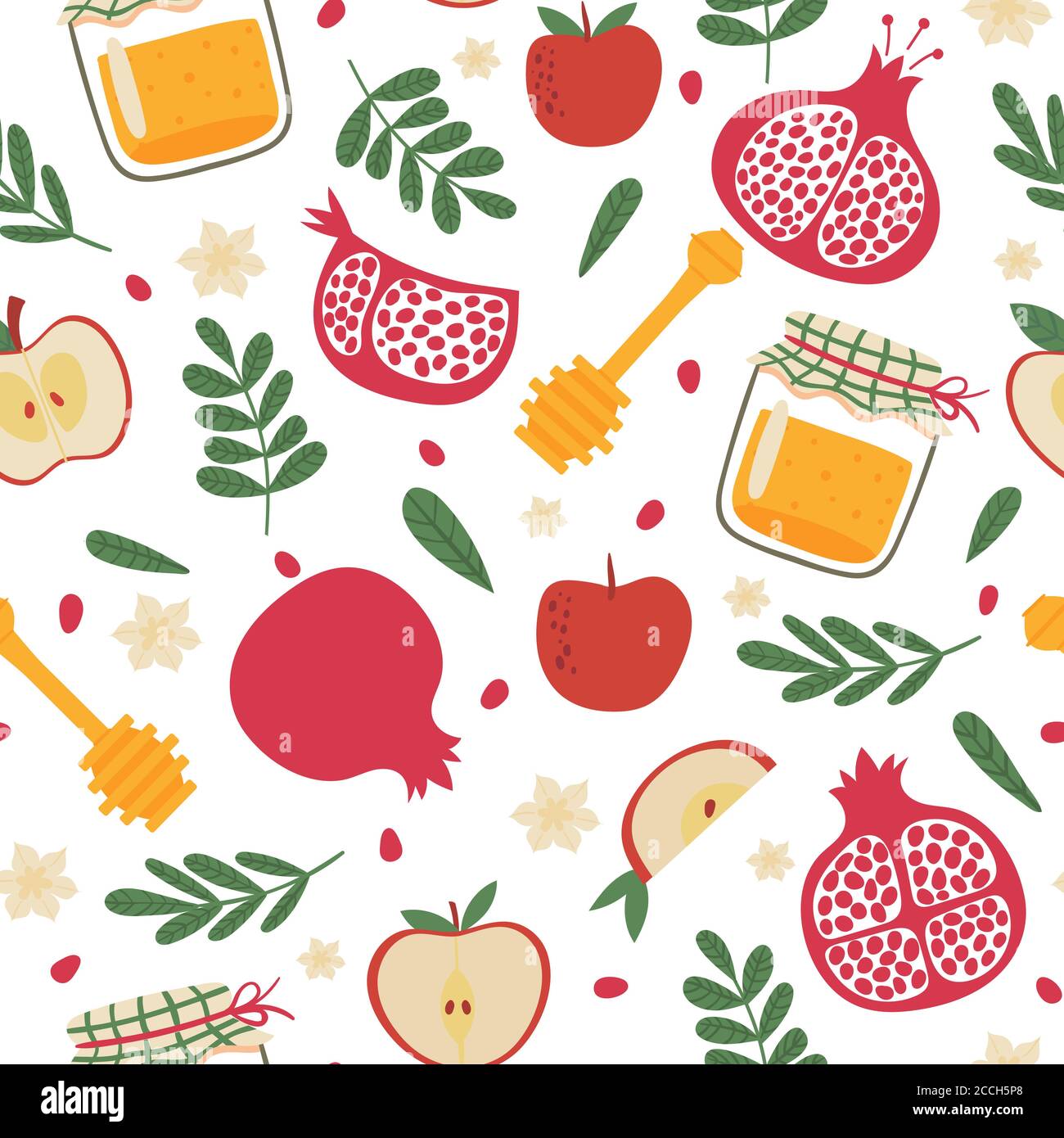 Shana tova seamless pattern. Jewish new year rosh hashanah, repeating tile. Holiday symbols pomegranate, apples and honey jar vector texture Stock Vector