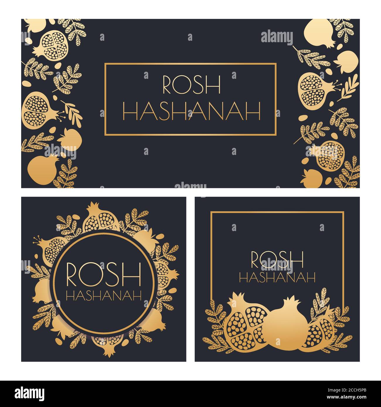 Jewish New Year. Happy Shana Tova, Rosh Hashanah holiday symbols and pomegranate greeting posters vector template Stock Vector