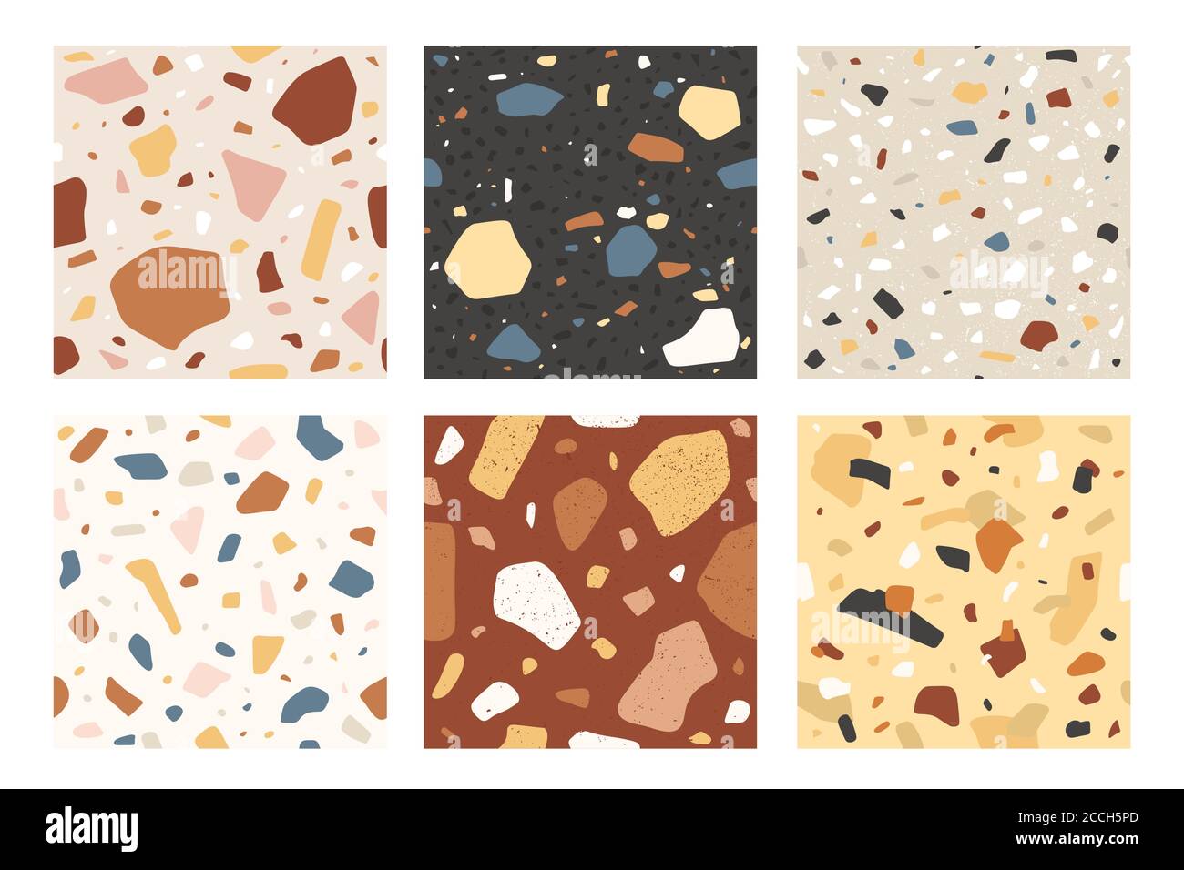 Terrazzo seamless pattern. Veneziano italian stone mosaic composite texture, decorative tile. Granite flooring textured sample, vector set Stock Vector