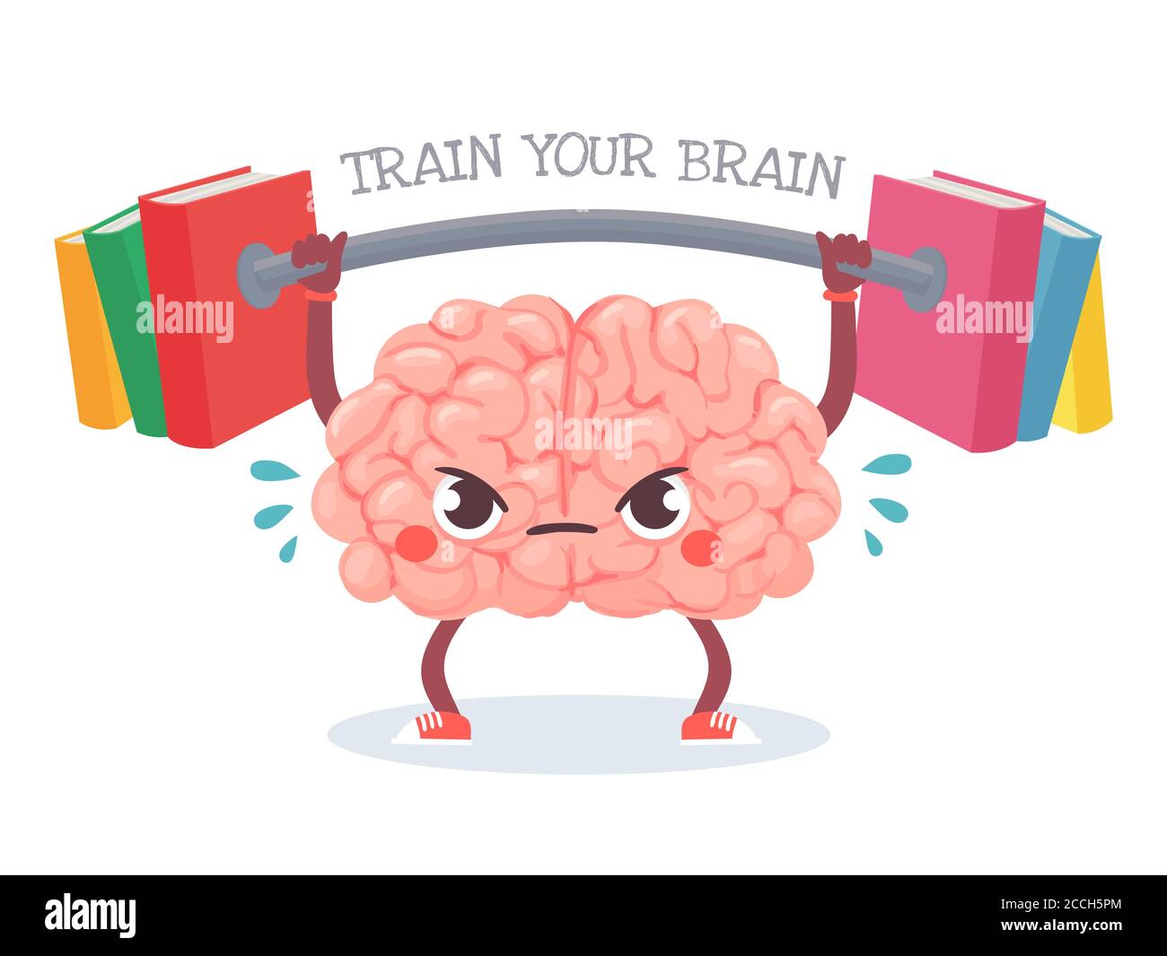 Brain training. Cartoon brain lifts weight with books. Train your memory, studying, learning and knowledge education vector concept Stock Vector