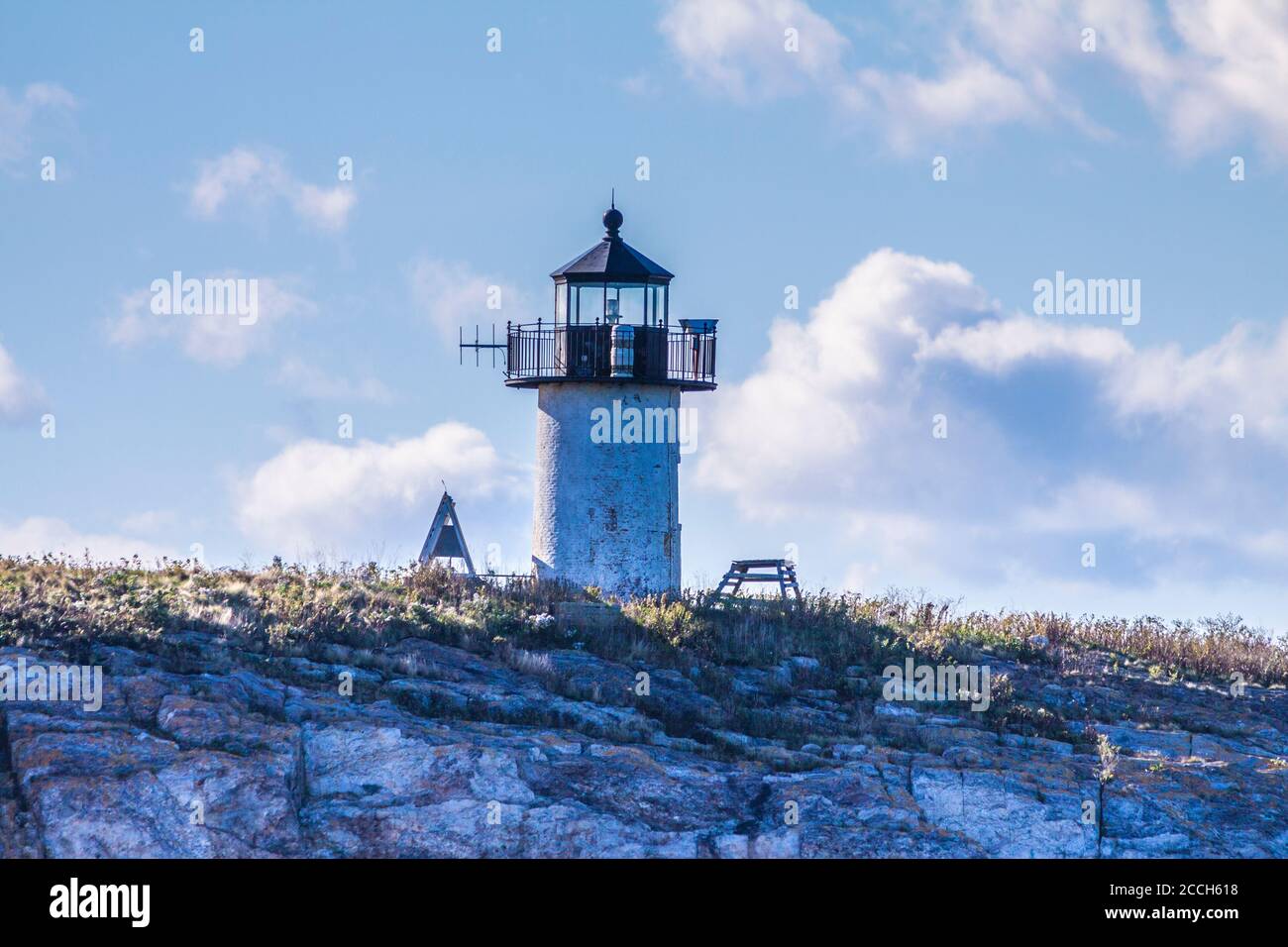 Pond Island Lighthouse, located on Pond Island at the mouth of the  Kennebec River in Maine, was established in 1821 and replaced in 1855. Stock Photo