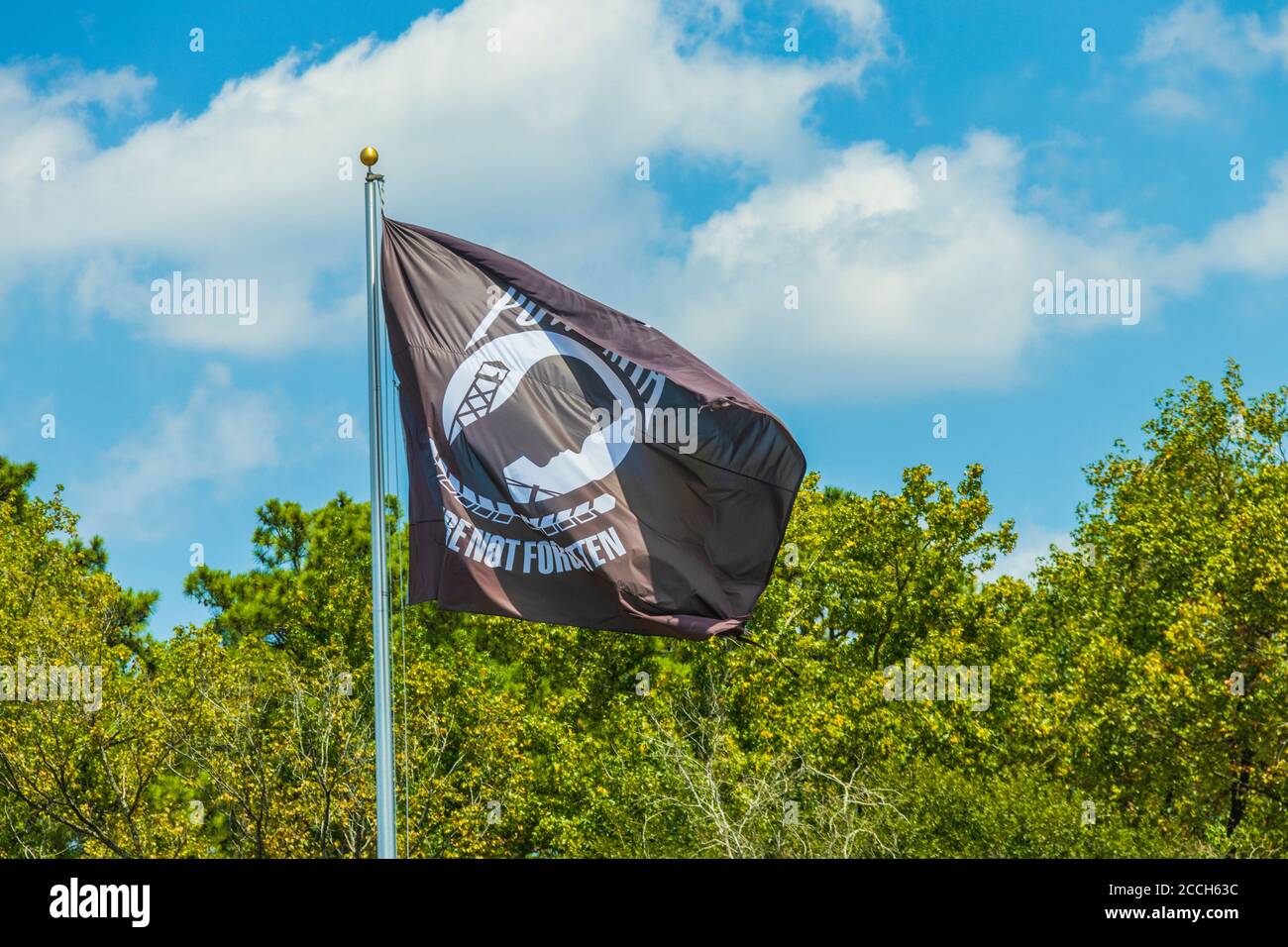 POW-MIA (Missing in Action) United States Military Flag at Conroe Veterans Memorial Park in Conroe, Texas. Stock Photo