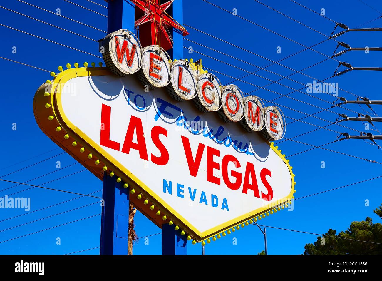 The Welcome to Fabulous Las Vegas sign on bright sunny day in Las Vegas.Welcome to Never Sleep city Las Vegas, Nevada Sign with the heart of Las Vegas Stock Photo
