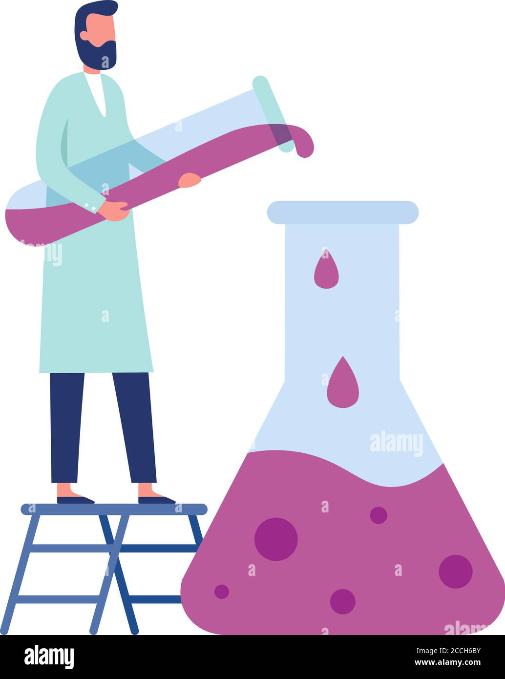 Chemistry laboratory worker. Man in white coat doing clinical science experiments with equipment as tube, flask Stock Vector